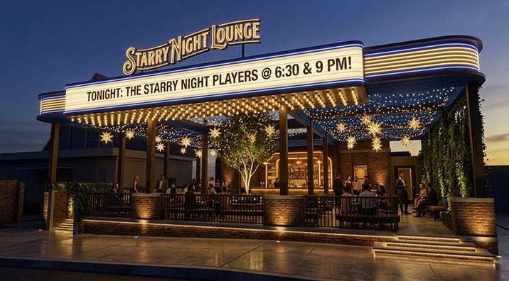 Artist rendering of the Starry Night Lounge exterior at dusk, marquee lit